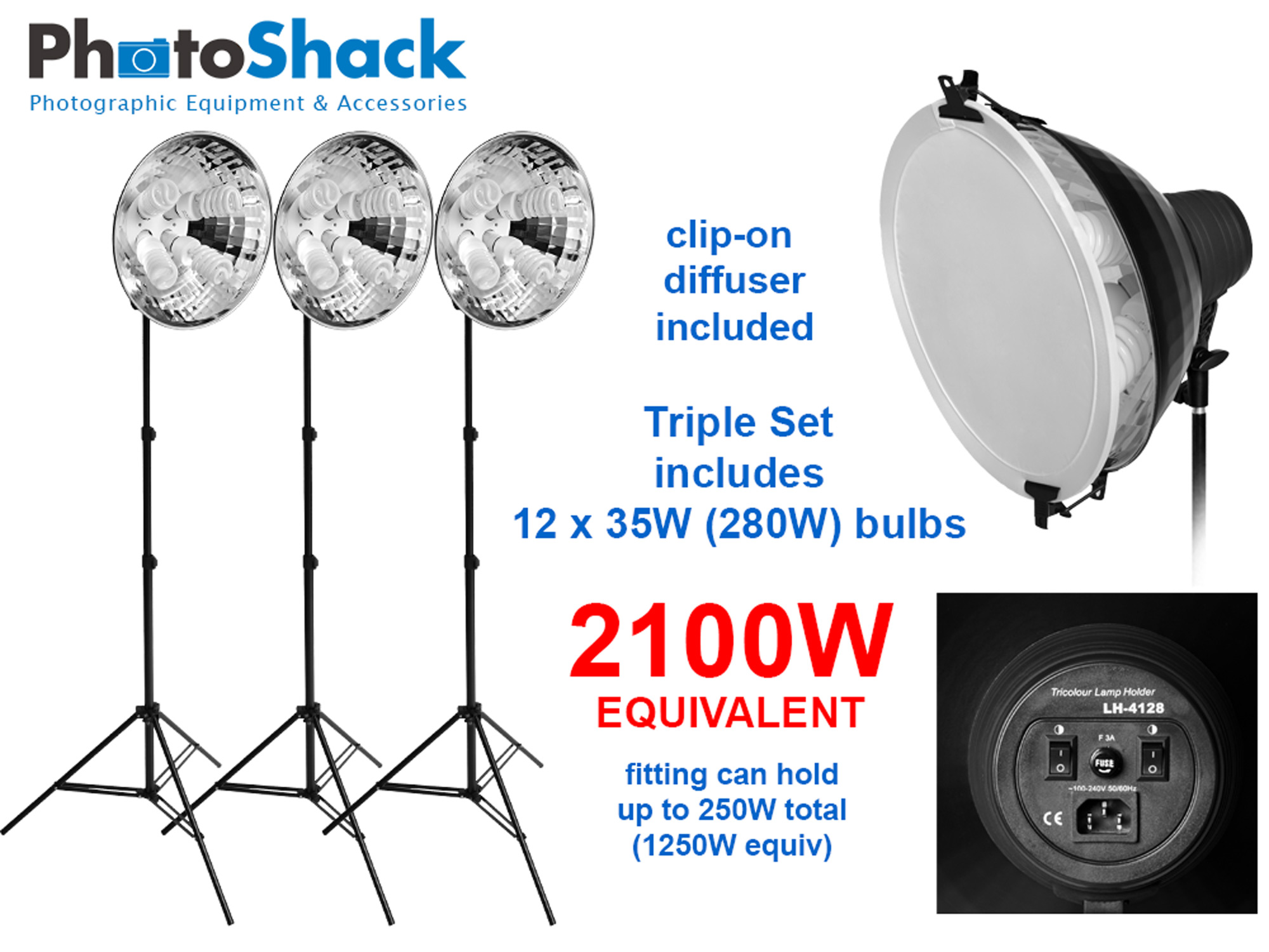 Continuous Lighting Set (2100W) with 3 Lights + Reflectors + Diffusers