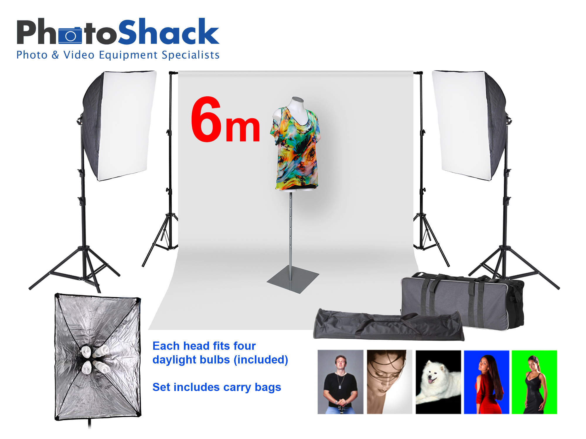 Complete Cool Light Package with Softbox Set + 6m backdrop