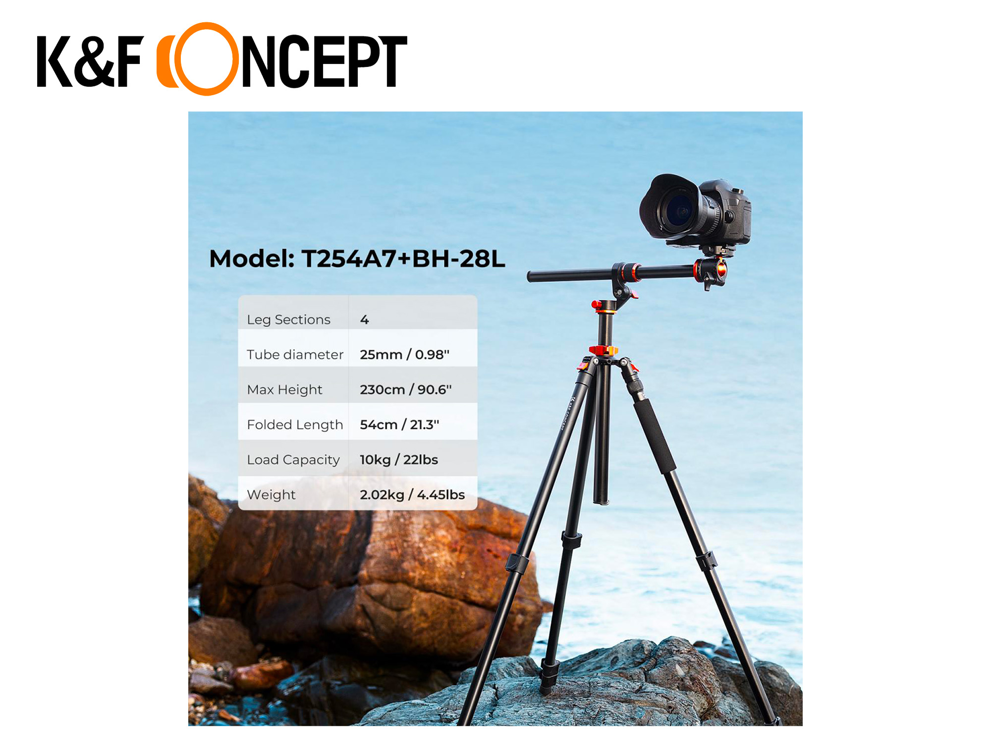 K&F T254A7 2.3m Professional Tripod with Boom Arm & Ball Head