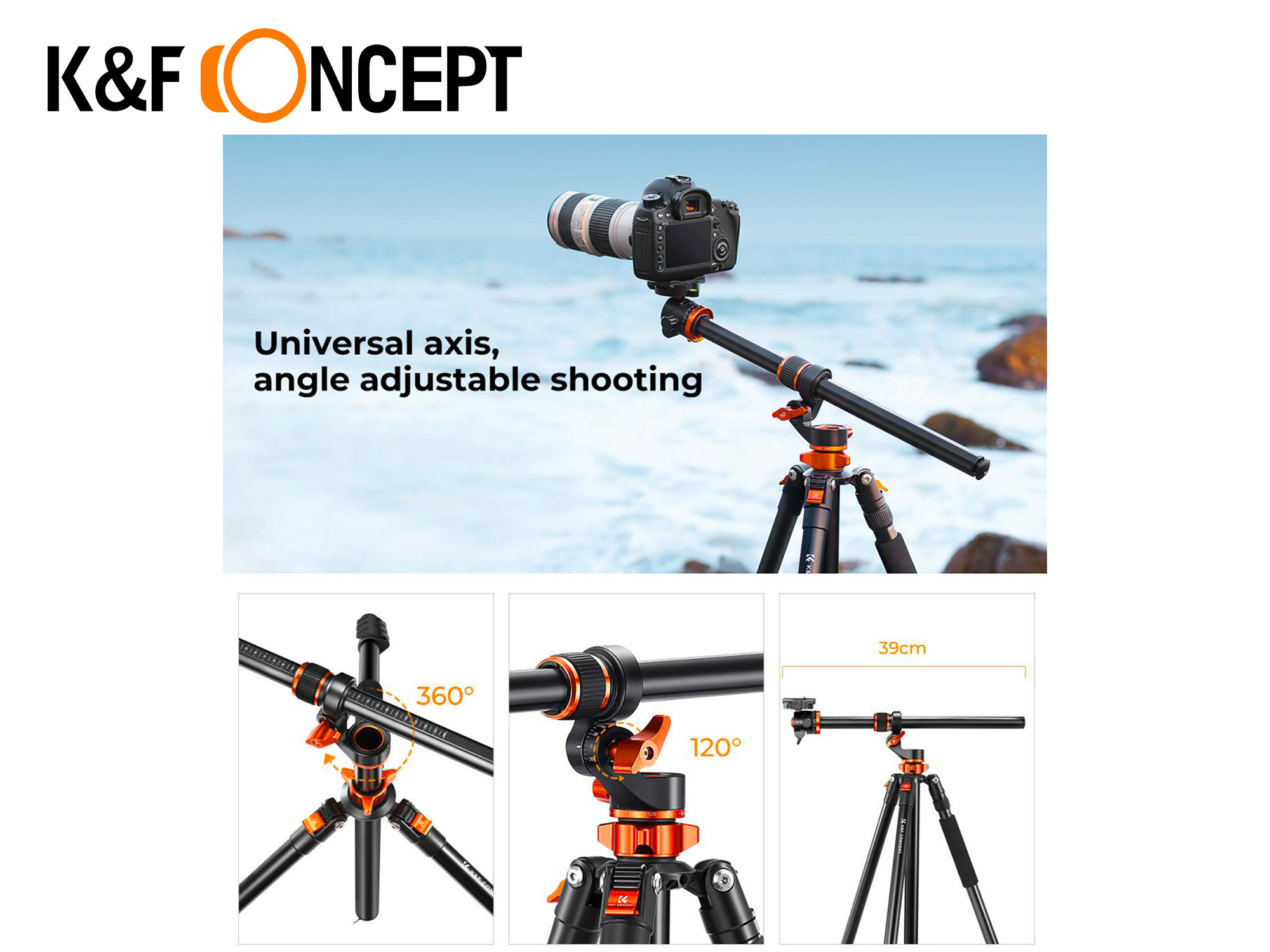 K&F T254A7 2.3m Professional Tripod with Boom Arm & Ball Head