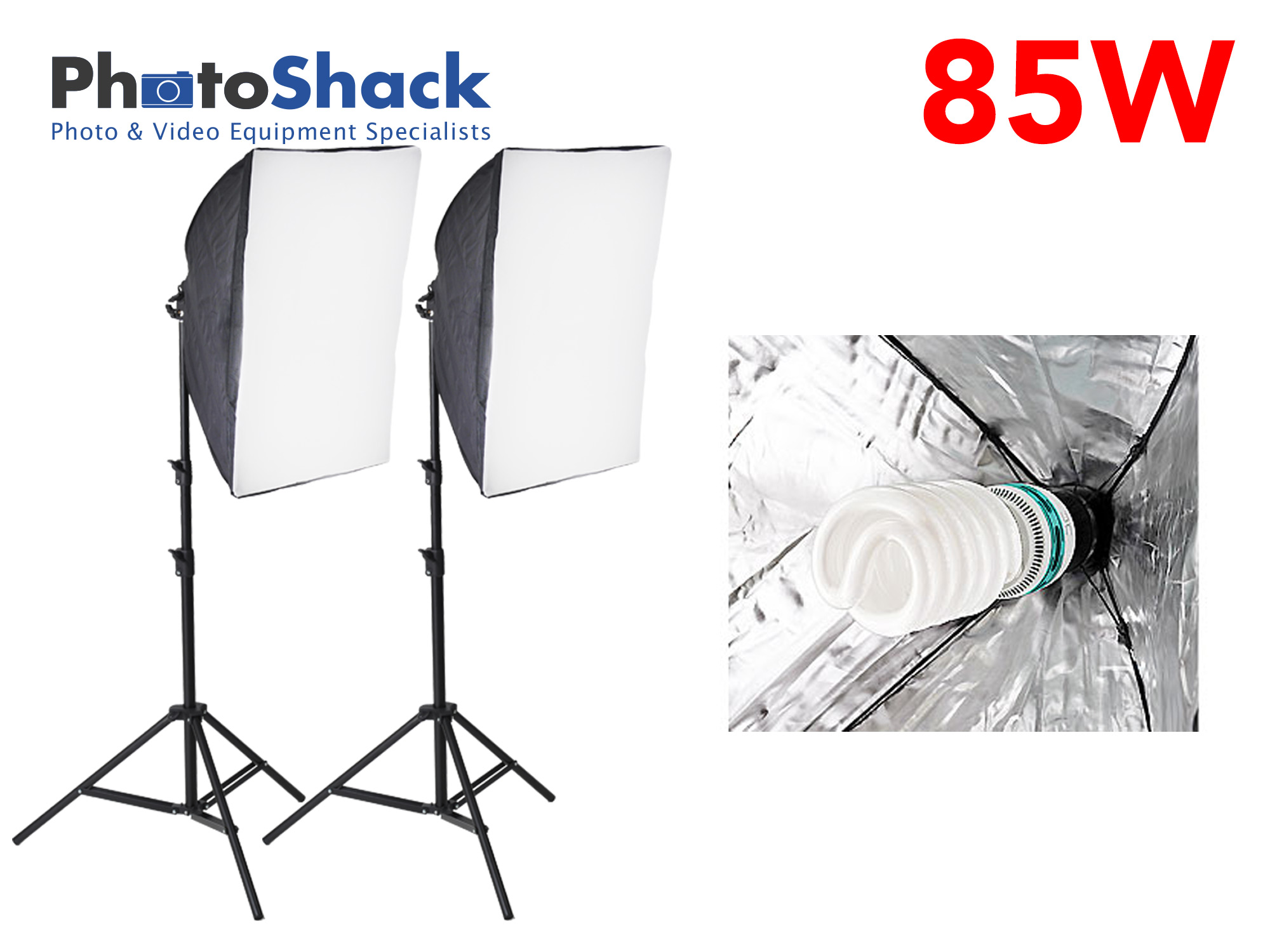 Continuous Lighting Set with 2 85W Lights + Softboxes + 2m light stands