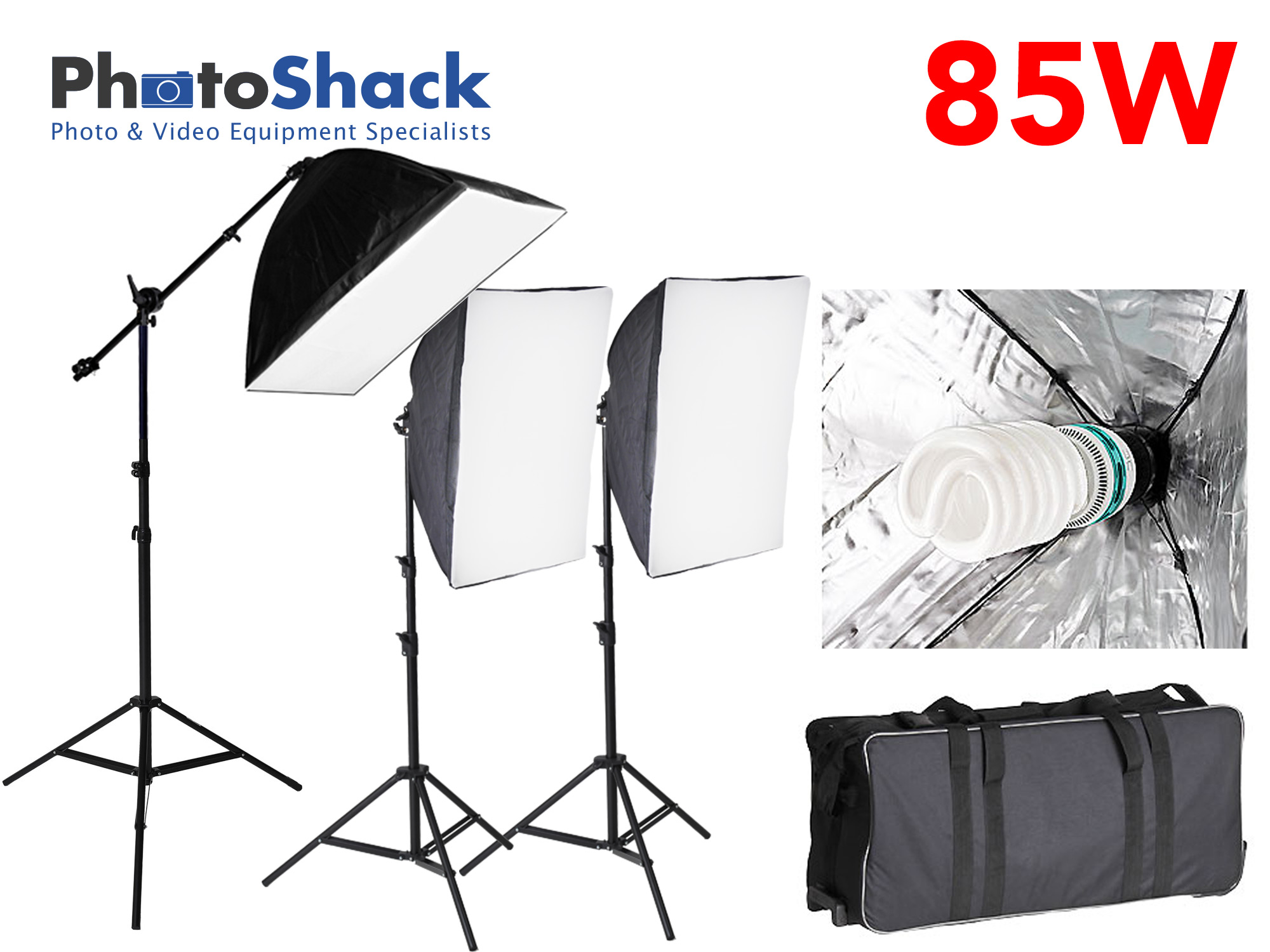 Continuous Lighting Set with 3 85W Lights + Softboxes + Boom Stand & Bulbs 