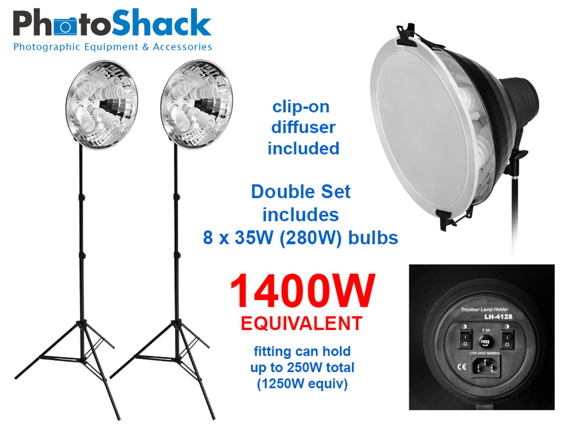 Continuous Lighting Set (1400W) with 2 Lights + Reflectors + Diffusers