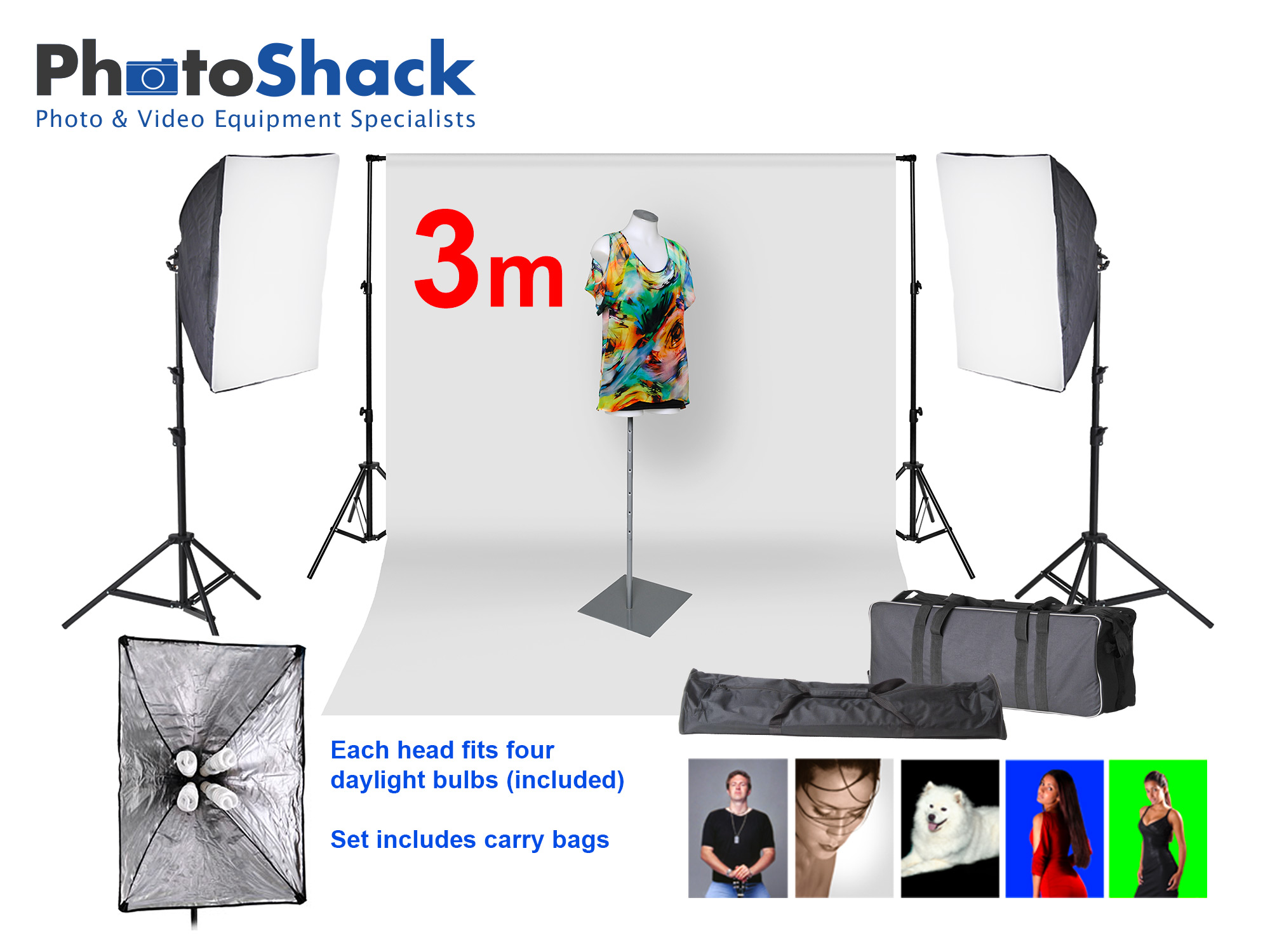 Complete Cool Light Package with Softbox Set + 3m backdrop