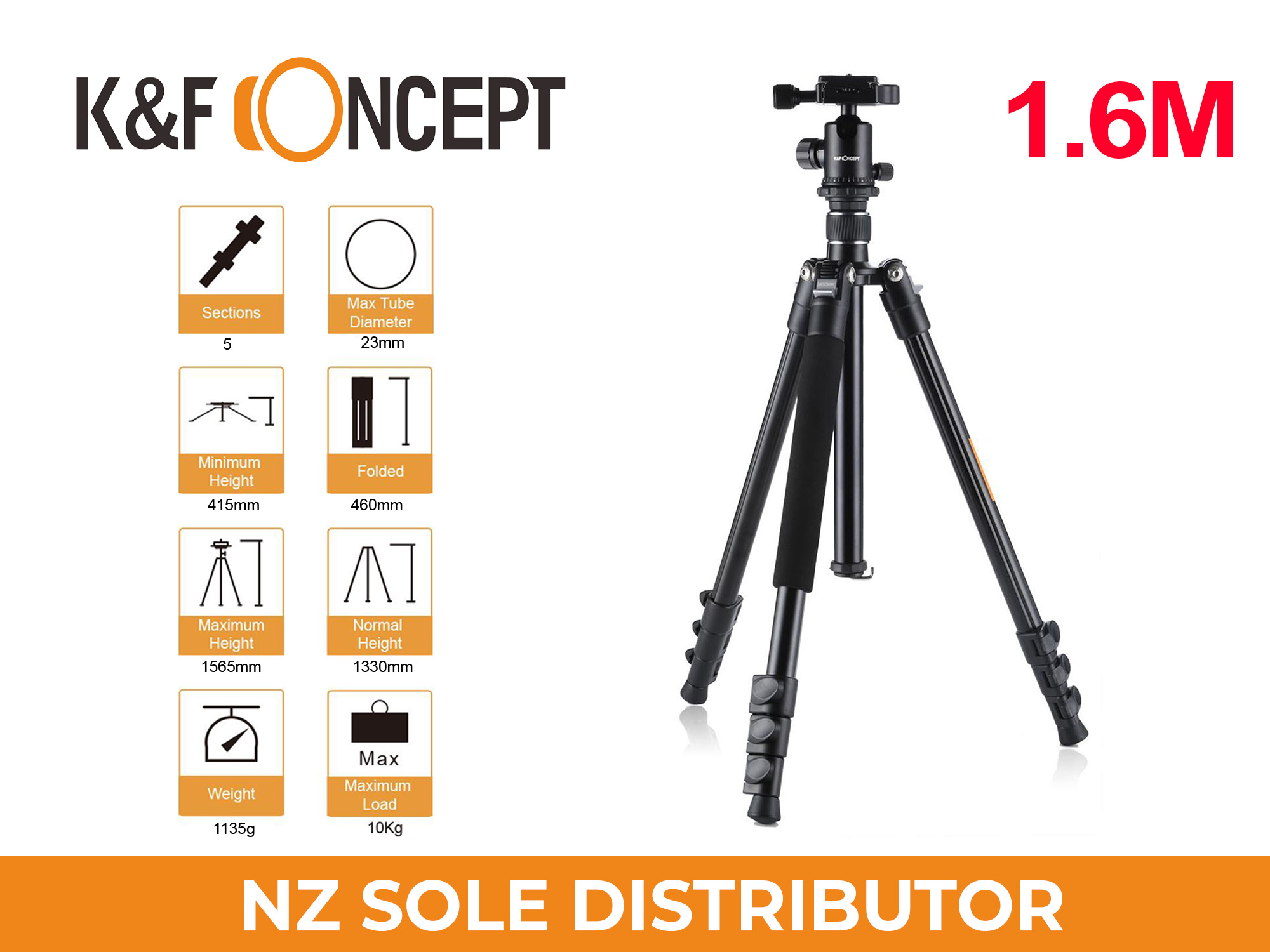 K&F Concept TM2324 (Silver) 1.6m Lightweight Aluminium DSLR Camera Tripod TM2324Silver