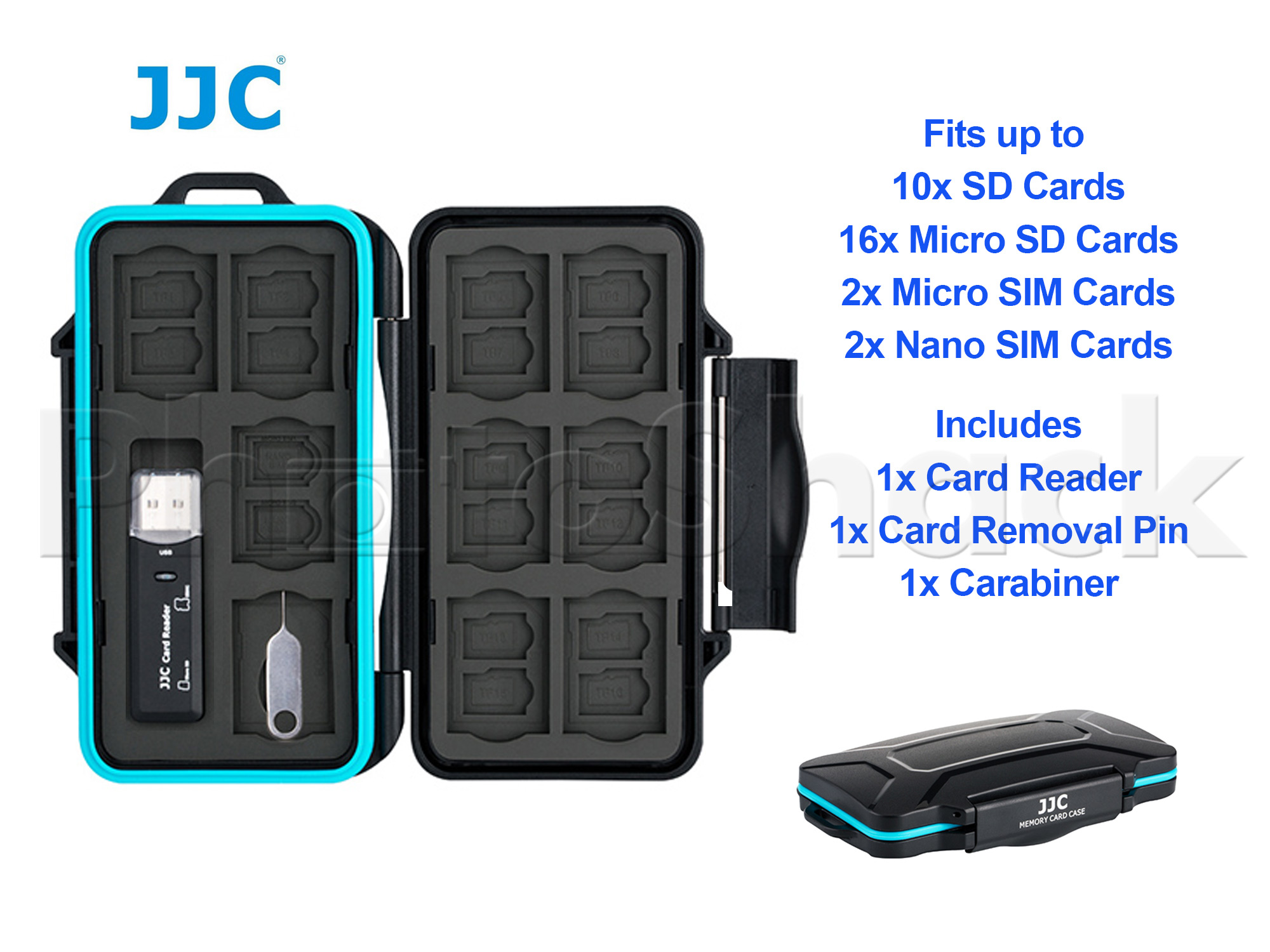 JJC Memory Card Case w/ Card reader, Card Removal Tool & Carabiner