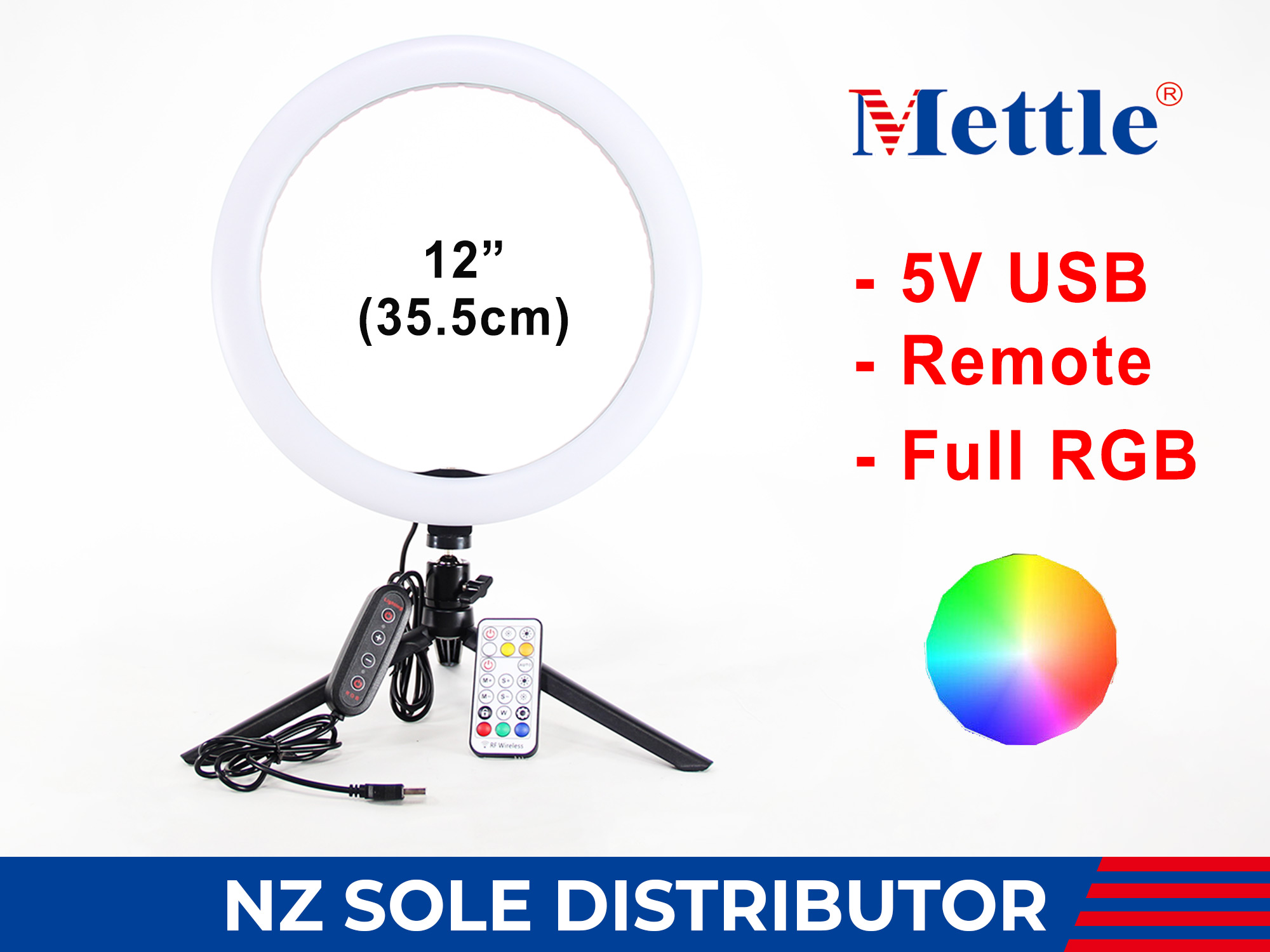 Mettle RGB LED 12" ring light + remote, Tripod, and flexible phone holder