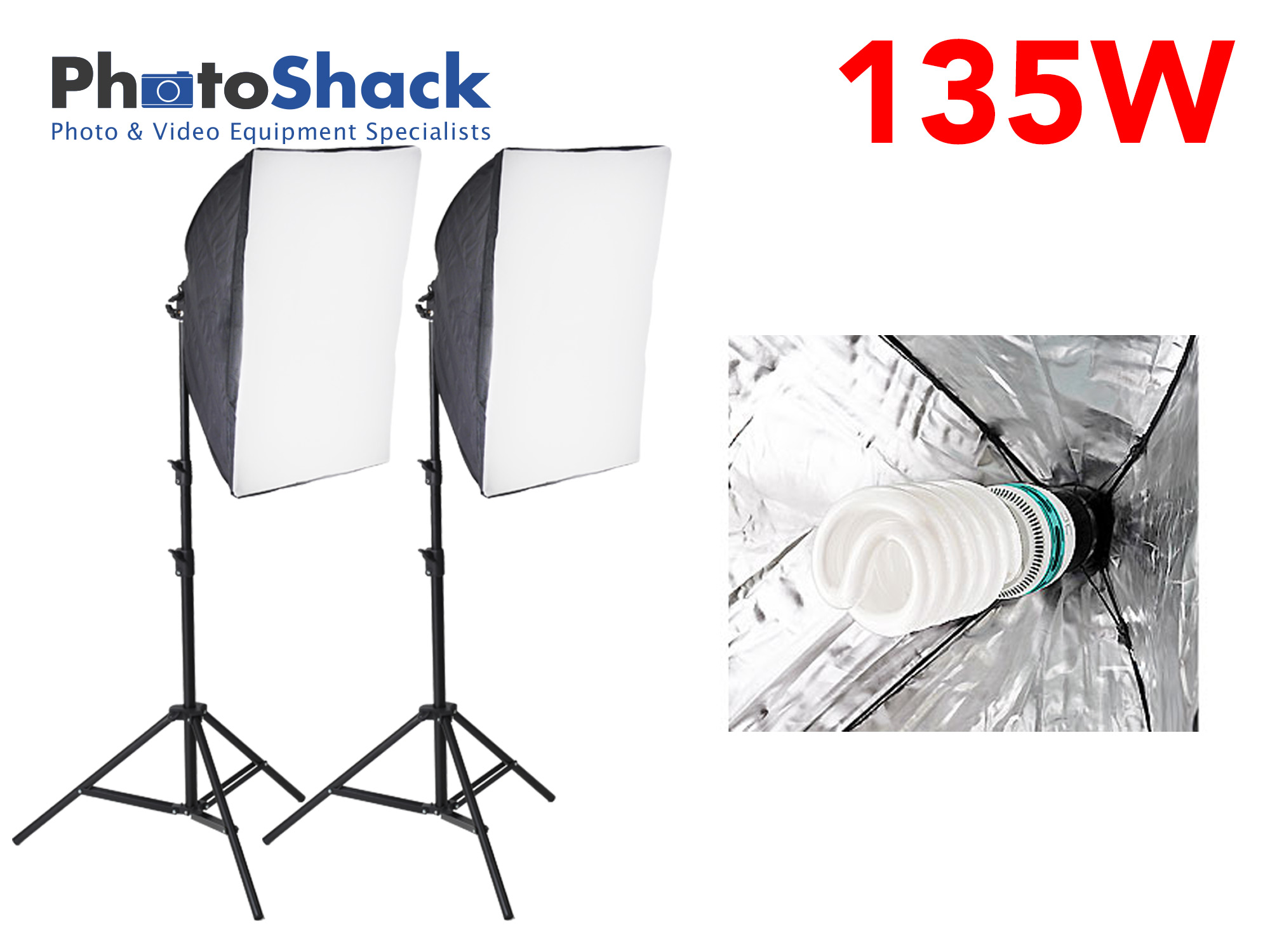 Continuous Lighting Set with 2 135W Lights + Softboxes + 2m light stands 