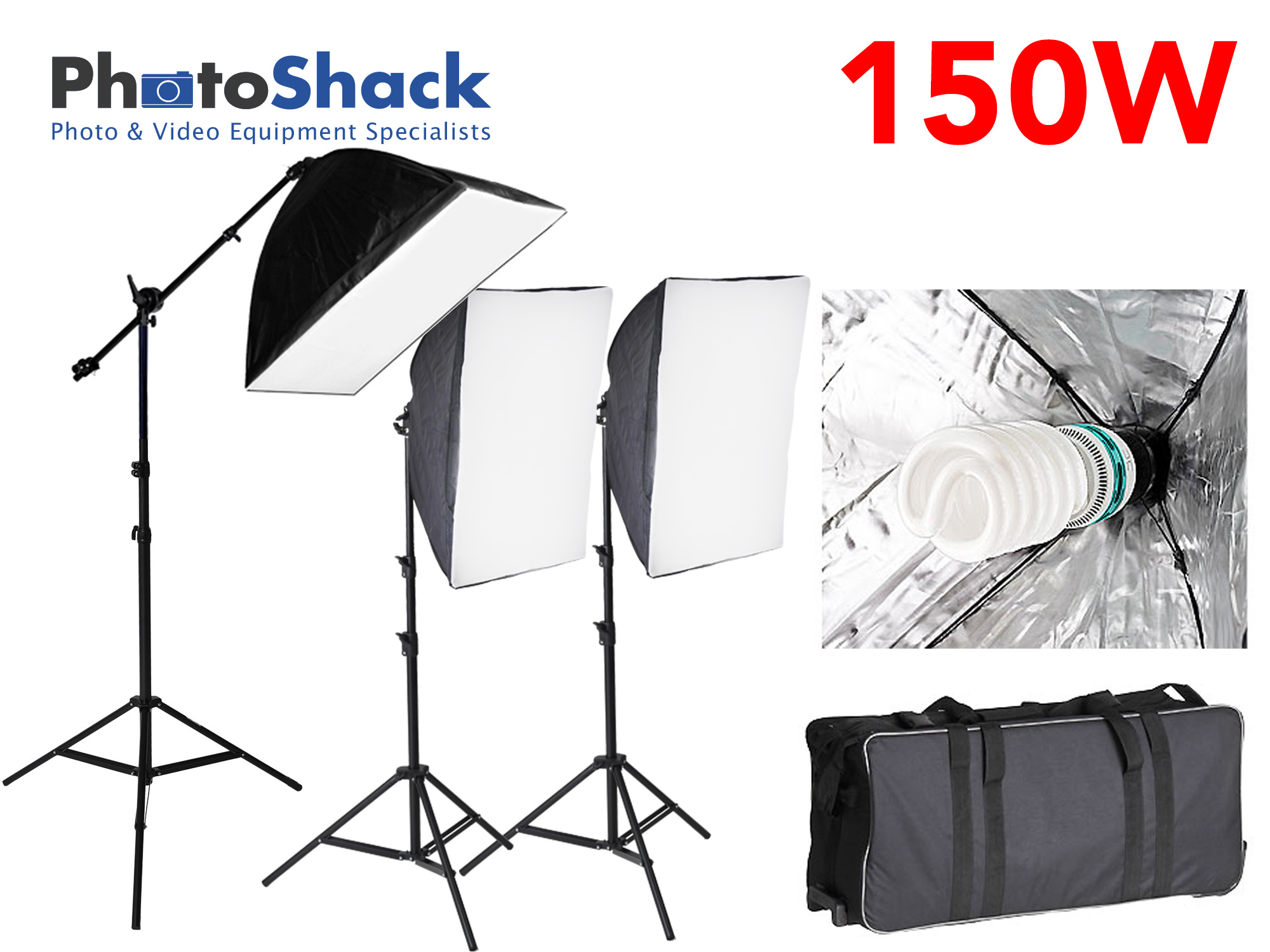 Continuous Lighting Set with 3 150W Lights + Softboxes + Boom Stand & Bulbs