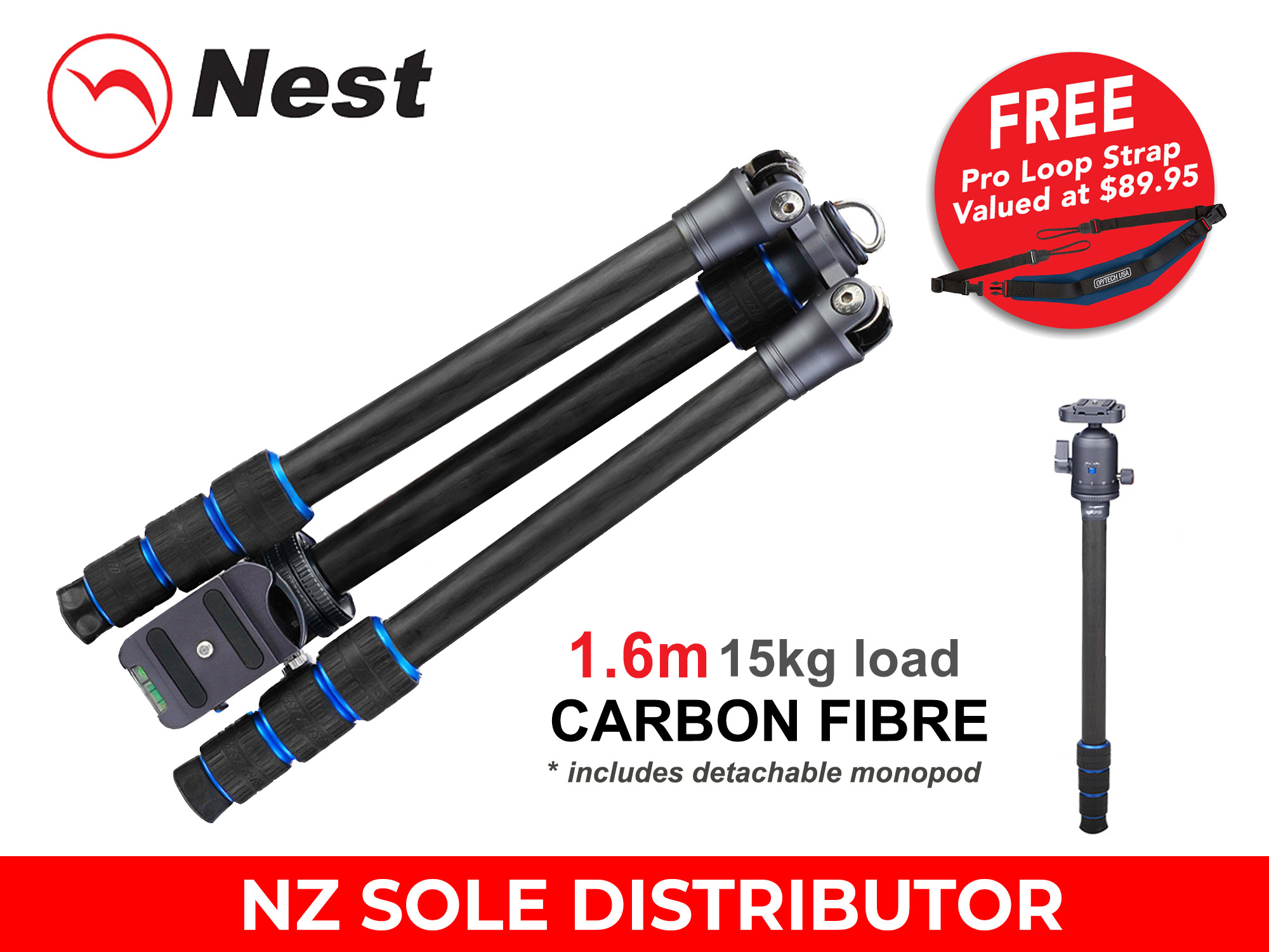 Nest 1.5m Carbon Fibre Traveller Tripod 4 section - Promotion