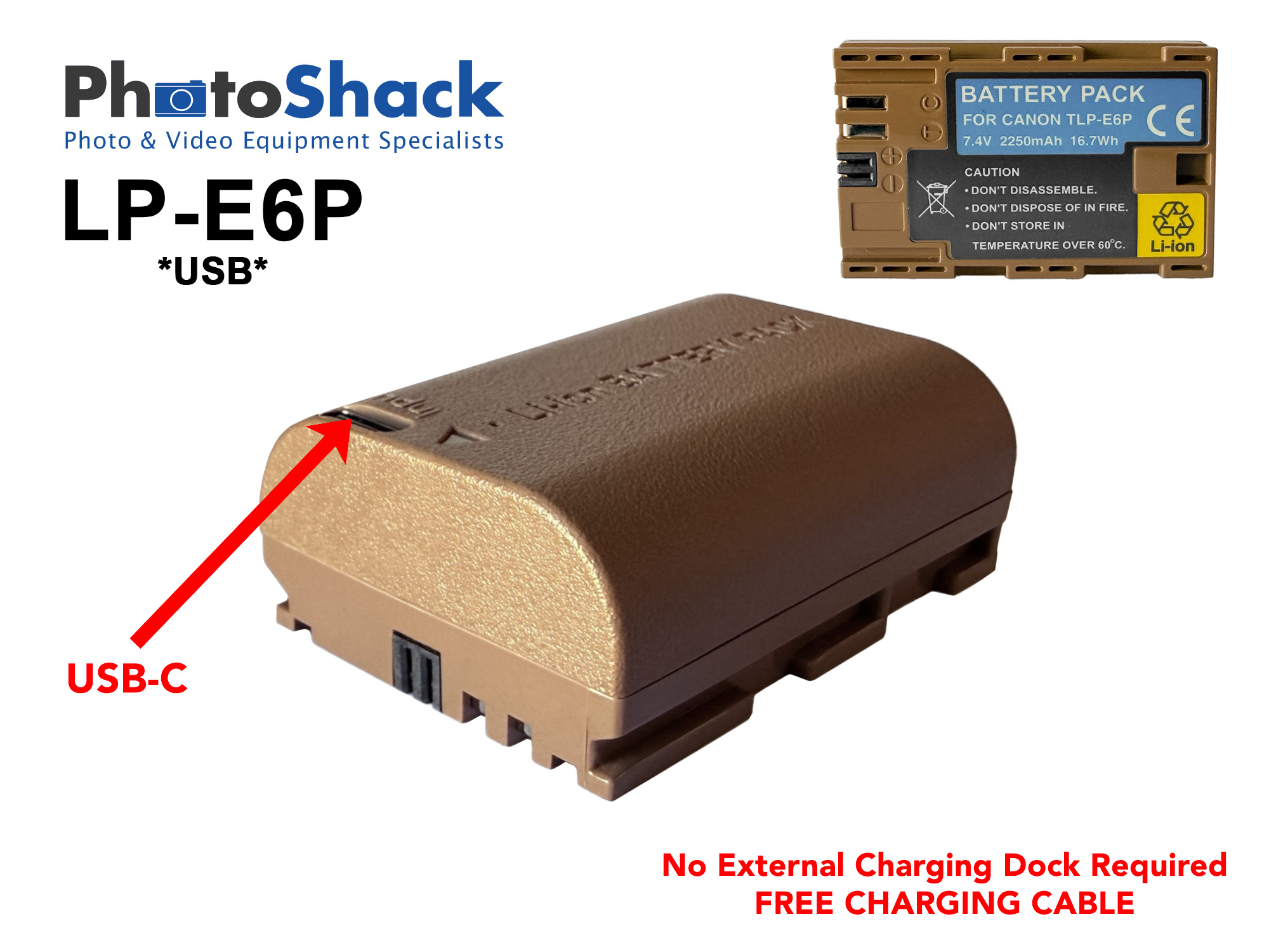 Canon LP-E6P Replacement Battery - Built-in USB Charging