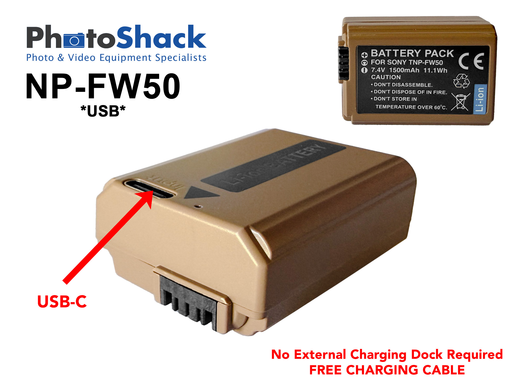 Sony NP-FW50 Replacement Battery - Built-in USB Charging