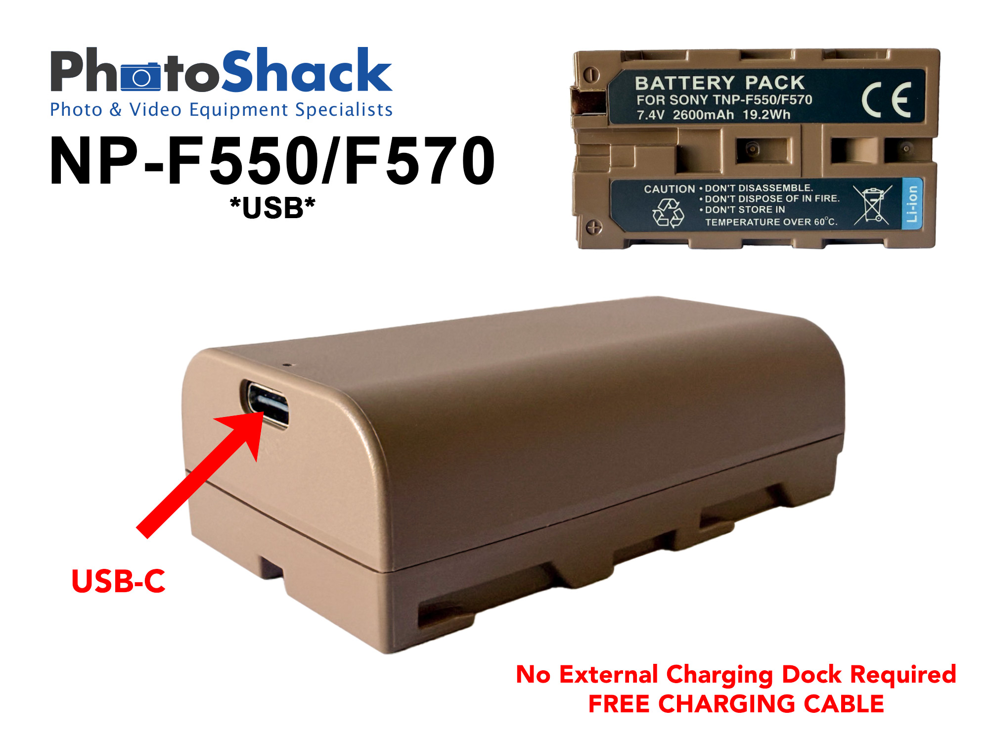 Sony NP-F550/F570 Replacement Battery - Built-in USB Charging